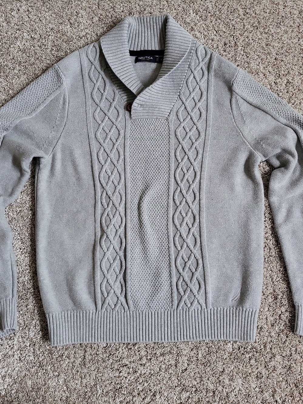 Nautica Men's M 100% Cotton Cable Knit Shawl Collar Sweater Gray Pullover